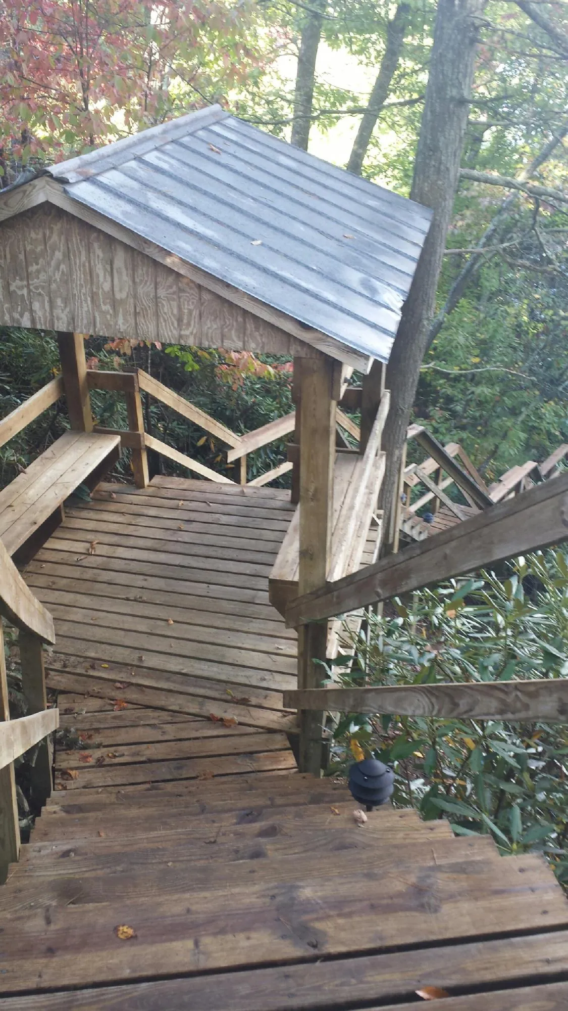 Metal roofed shelter over wooden steps on a wooded walkway — Skylight Repair & Installation work by our crew in Lagunitas